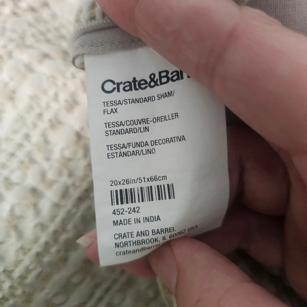 Crate and Barrel Tessa Standard‎ Sham Flax Beige Waffle Weave Linen Blend Modern